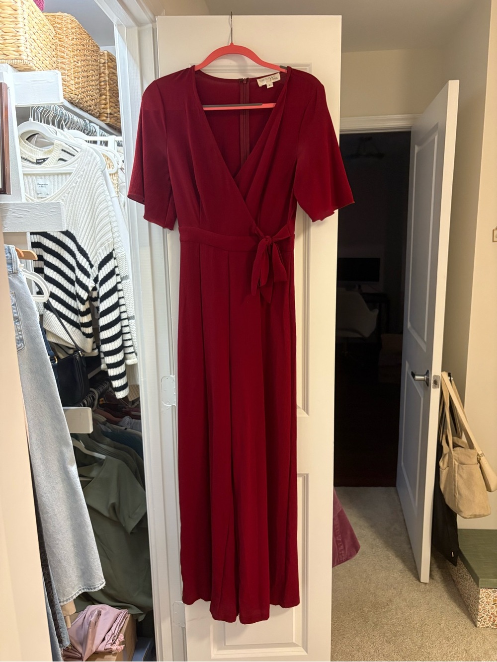Lulu's Deep Red Wrap Midi Dress with Tie Waist